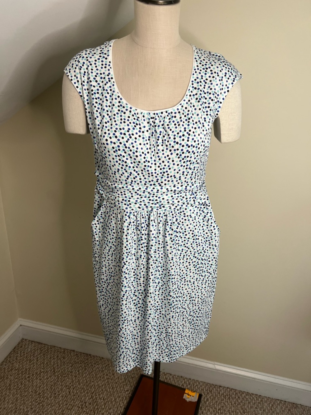 NWT Boden White Dress with Blue and Navy Dot Print Stretch Jersey Knit